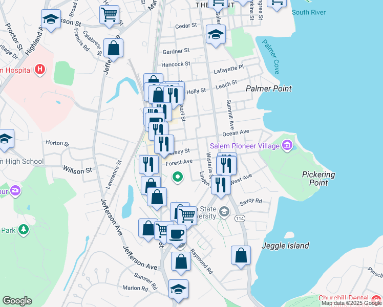 map of restaurants, bars, coffee shops, grocery stores, and more near 54 Linden Street in Salem