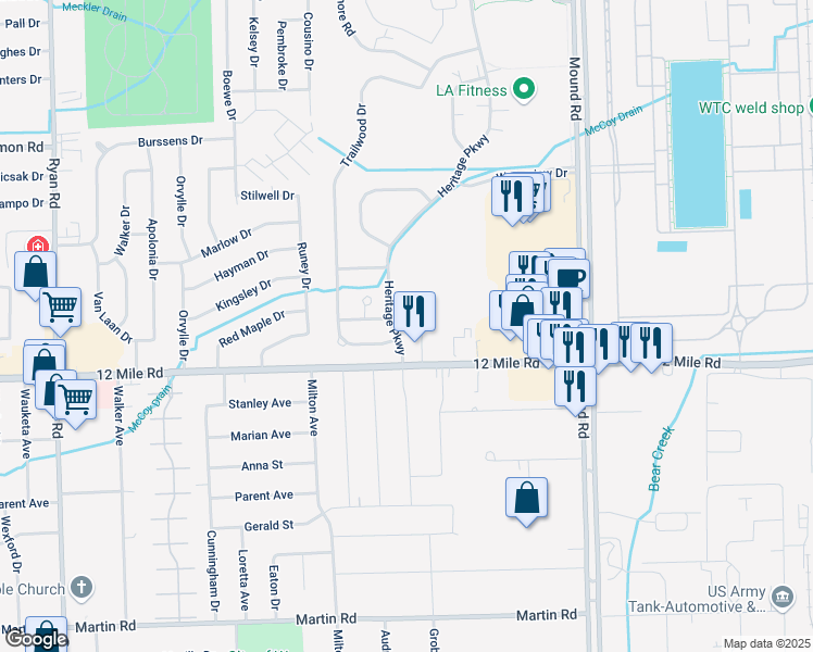 map of restaurants, bars, coffee shops, grocery stores, and more near 29112 Heritage Parkway in Warren