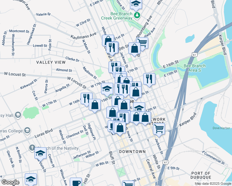 map of restaurants, bars, coffee shops, grocery stores, and more near 1504 Iowa Street in Dubuque