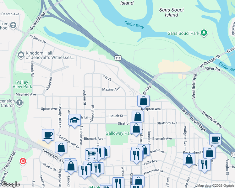 map of restaurants, bars, coffee shops, grocery stores, and more near 1208 Maynard Avenue in Waterloo