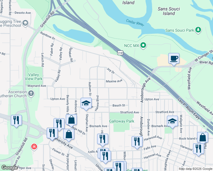 map of restaurants, bars, coffee shops, grocery stores, and more near 1250 Maynard Avenue in Waterloo
