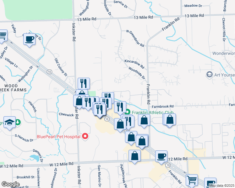 map of restaurants, bars, coffee shops, grocery stores, and more near 27129 Farmbrook Villa Drive in Southfield
