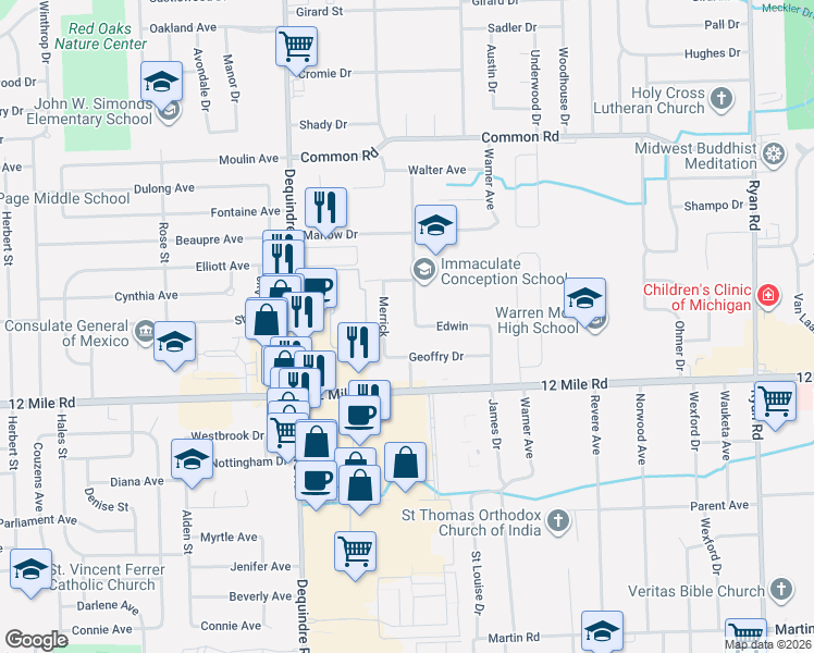 map of restaurants, bars, coffee shops, grocery stores, and more near 29294 Merrick Avenue in Warren