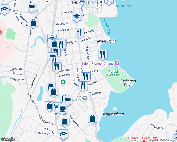 map of restaurants, bars, coffee shops, grocery stores, and more near 3 Clifton Avenue in Salem