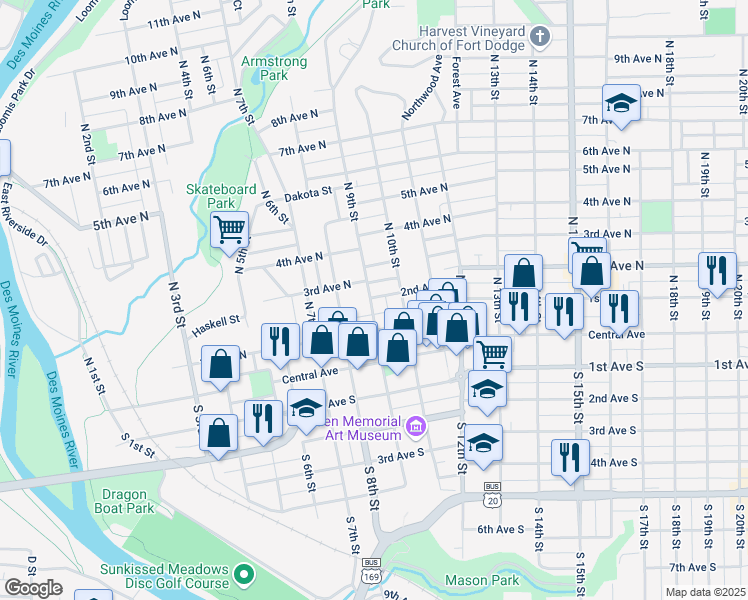 map of restaurants, bars, coffee shops, grocery stores, and more near 199 N 9th St in Fort Dodge