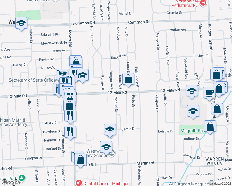 map of restaurants, bars, coffee shops, grocery stores, and more near 28999 Imperial Drive in Warren