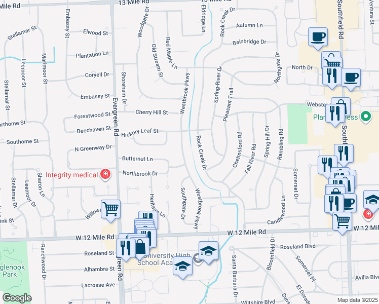 map of restaurants, bars, coffee shops, grocery stores, and more near 29648 Westbrook Parkway in Southfield