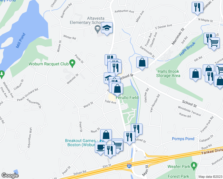 map of restaurants, bars, coffee shops, grocery stores, and more near 79 Elm Street in Woburn