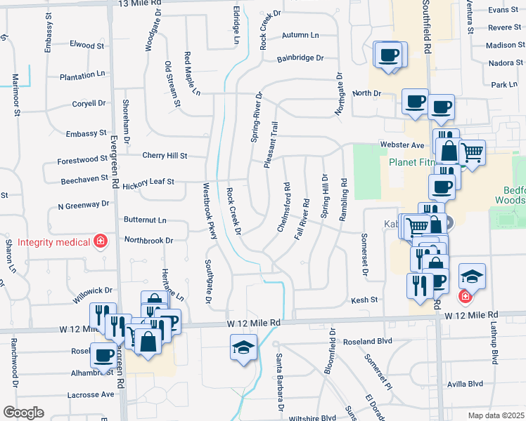 map of restaurants, bars, coffee shops, grocery stores, and more near 29691 Spring-River Drive in Southfield