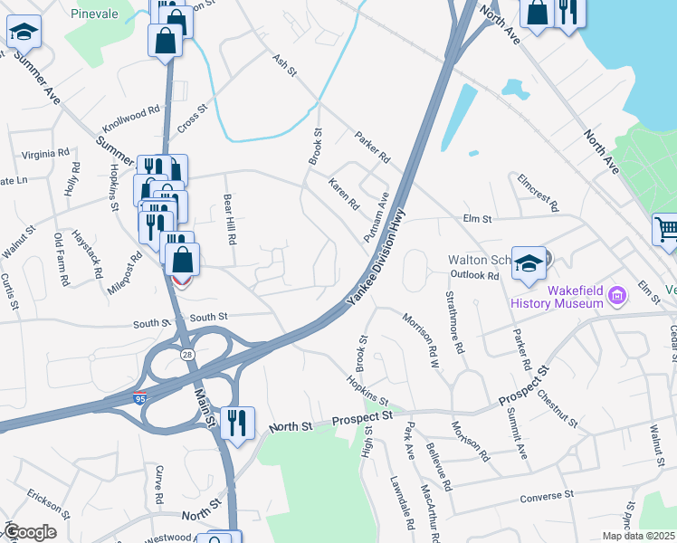 map of restaurants, bars, coffee shops, grocery stores, and more near 4 Summit Drive in Reading