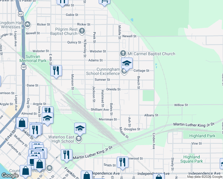 map of restaurants, bars, coffee shops, grocery stores, and more near Oneida Street in Waterloo