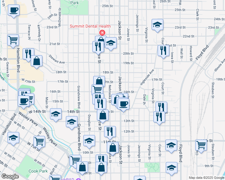 map of restaurants, bars, coffee shops, grocery stores, and more near 1510 Nebraska Street in Sioux City