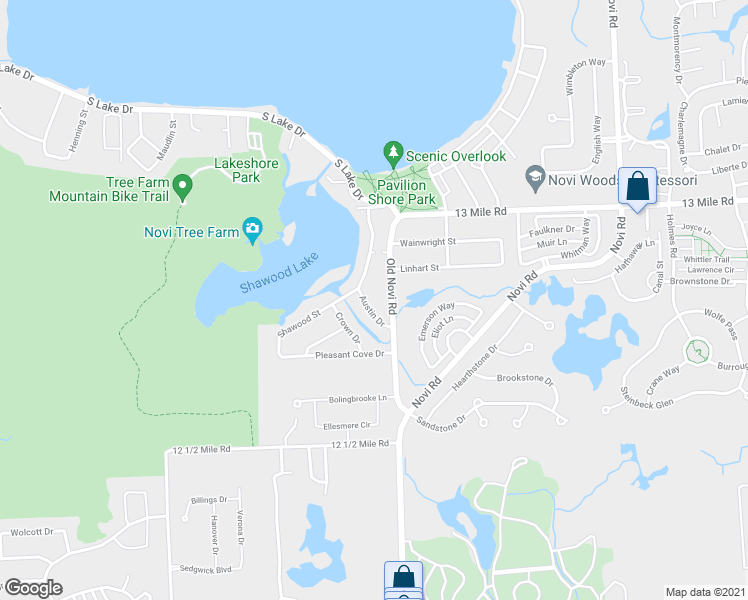 map of restaurants, bars, coffee shops, grocery stores, and more near 2325 Austin Drive in Novi