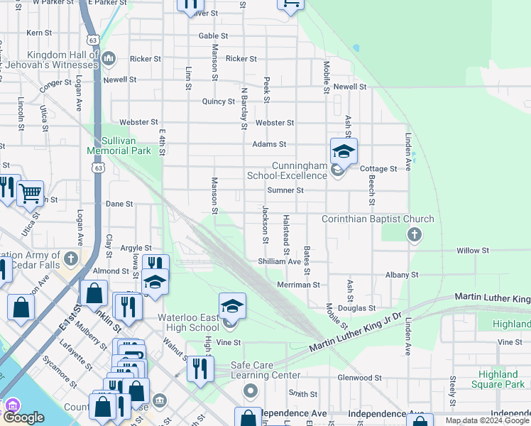 map of restaurants, bars, coffee shops, grocery stores, and more near 399 Oneida Street in Waterloo