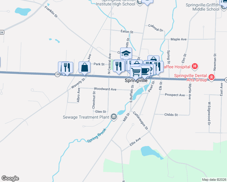 map of restaurants, bars, coffee shops, grocery stores, and more near 68 Woodward Avenue in Springville