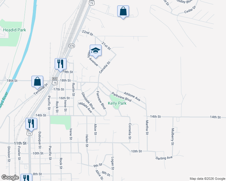 map of restaurants, bars, coffee shops, grocery stores, and more near 3243 Parkview Boulevard in Sioux City