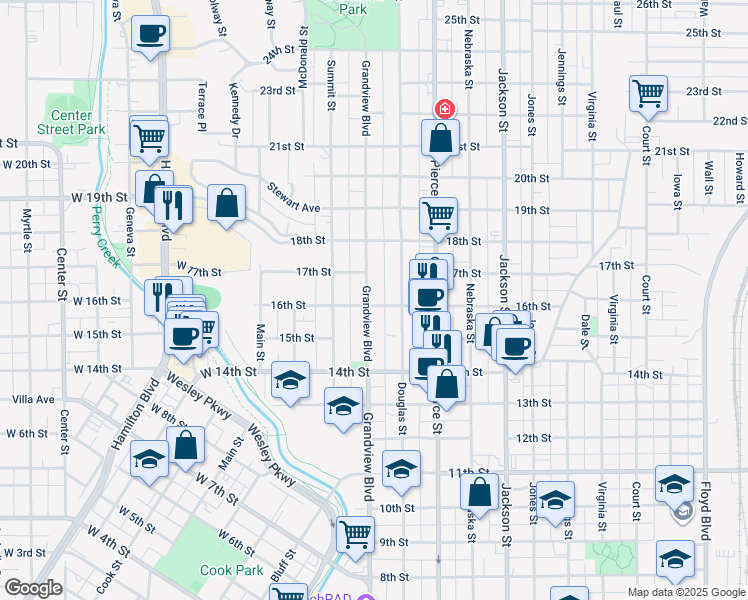 map of restaurants, bars, coffee shops, grocery stores, and more near 303 16th Street in Sioux City