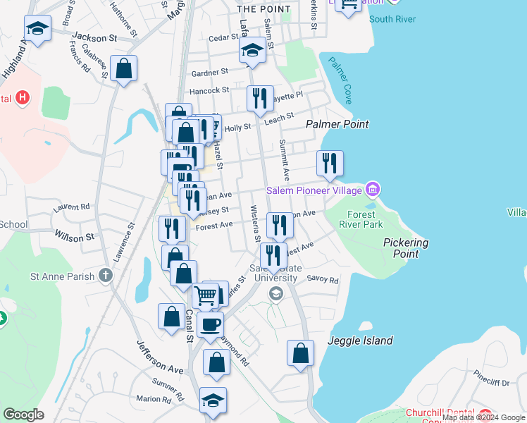 map of restaurants, bars, coffee shops, grocery stores, and more near 310 Lafayette Street in Salem
