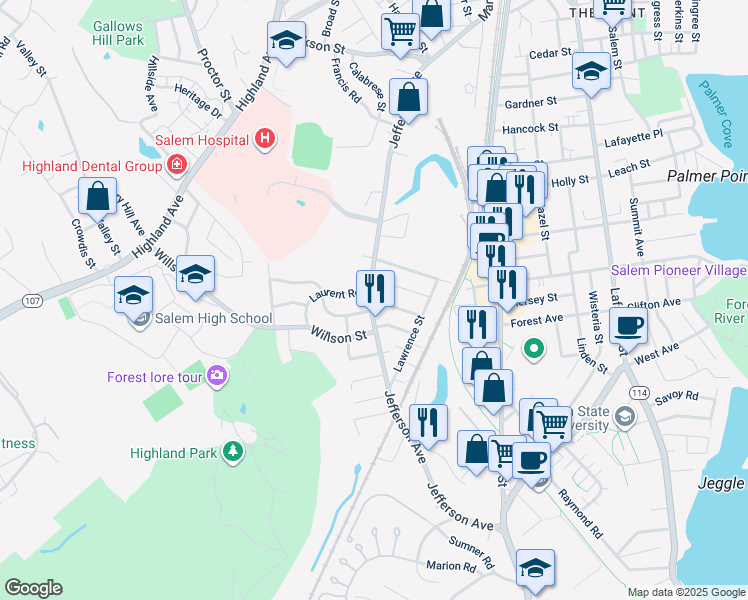 map of restaurants, bars, coffee shops, grocery stores, and more near 236 Jefferson Avenue in Salem