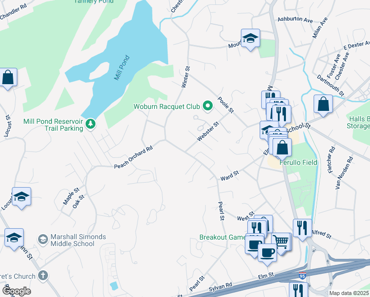 map of restaurants, bars, coffee shops, grocery stores, and more near 116 Pearl Street in Woburn