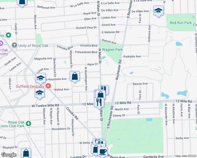map of restaurants, bars, coffee shops, grocery stores, and more near 2035 North Main Street in Royal Oak