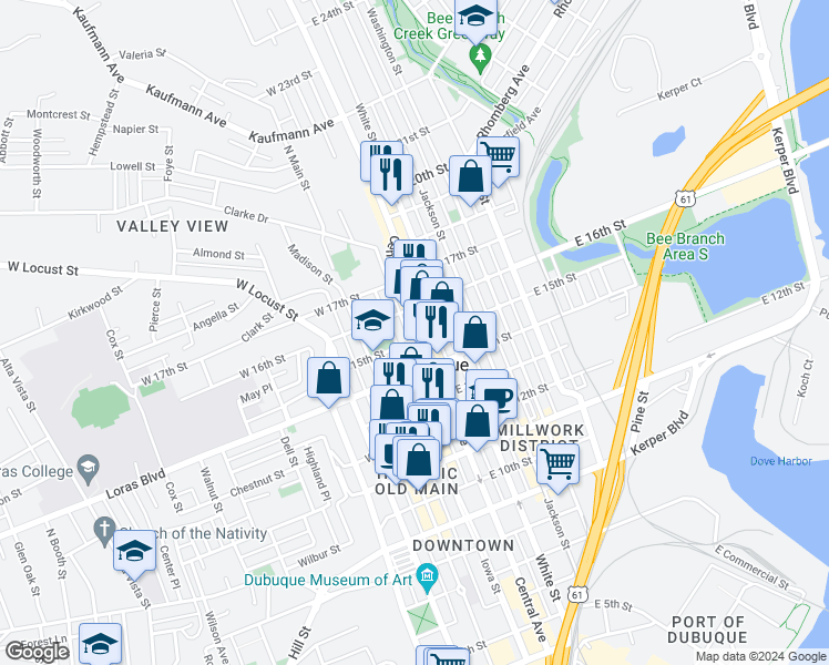 map of restaurants, bars, coffee shops, grocery stores, and more near 1504 Iowa Street in Dubuque