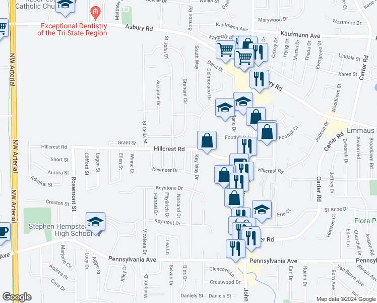 map of restaurants, bars, coffee shops, grocery stores, and more near 2070 Key Largo Drive in Dubuque