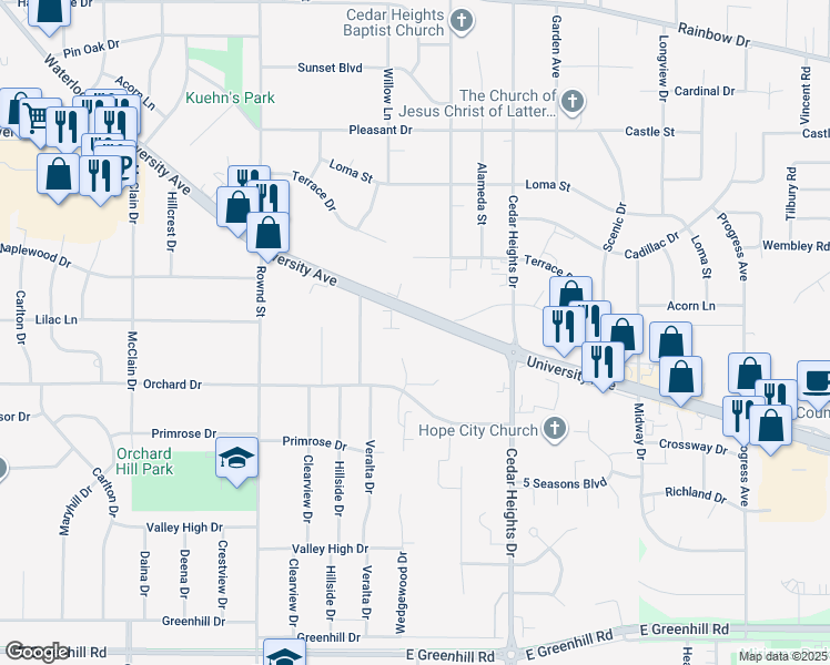 map of restaurants, bars, coffee shops, grocery stores, and more near 4807 University Avenue in Cedar Falls