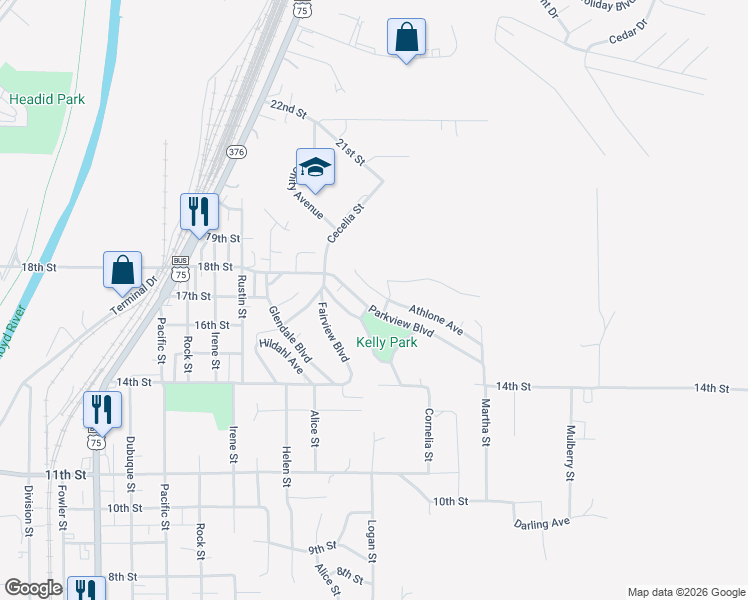 map of restaurants, bars, coffee shops, grocery stores, and more near 3243 Parkview Boulevard in Sioux City
