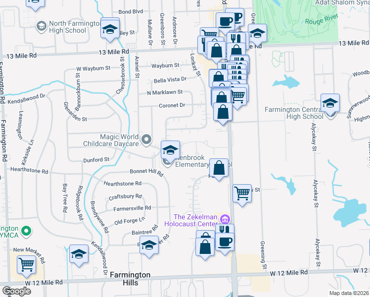 map of restaurants, bars, coffee shops, grocery stores, and more near 28636 Bristol Court in Farmington Hills