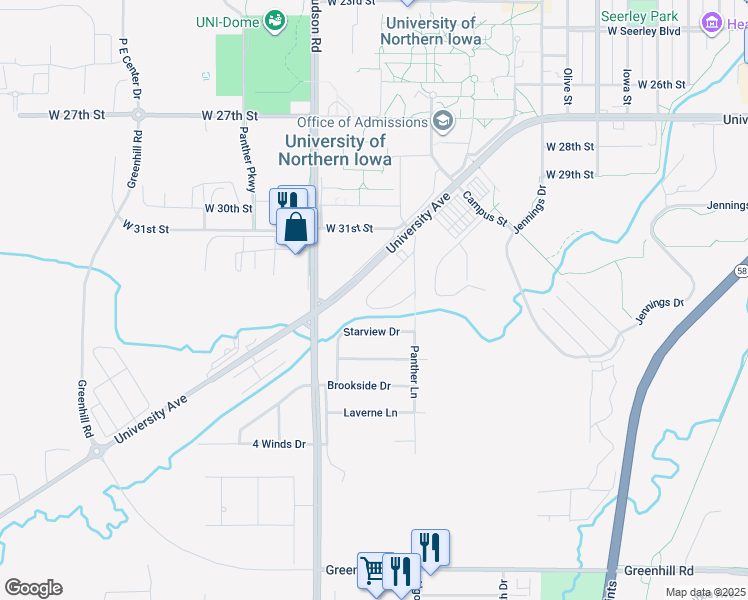 map of restaurants, bars, coffee shops, grocery stores, and more near 1510 Starbeck Circle in Cedar Falls