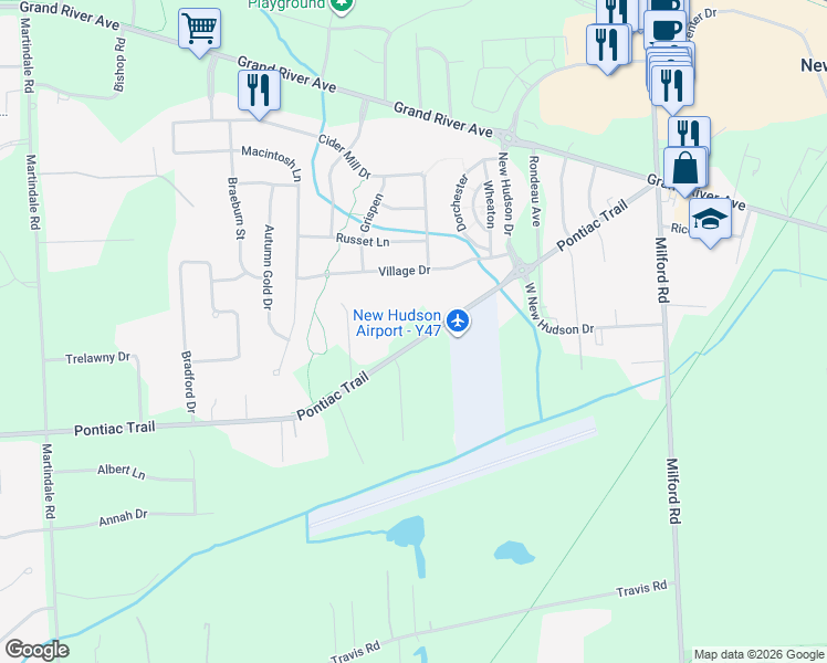 map of restaurants, bars, coffee shops, grocery stores, and more near 58000 Pontiac Trail in New Hudson