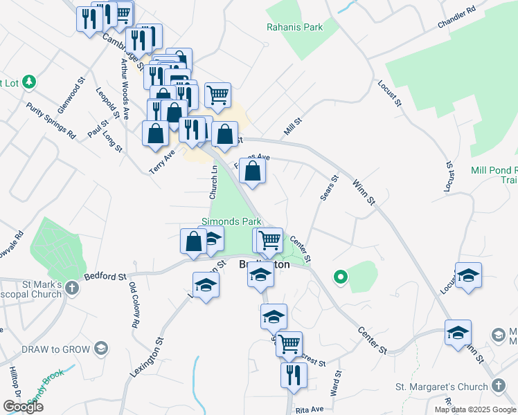 map of restaurants, bars, coffee shops, grocery stores, and more near 1 Center Street in Burlington
