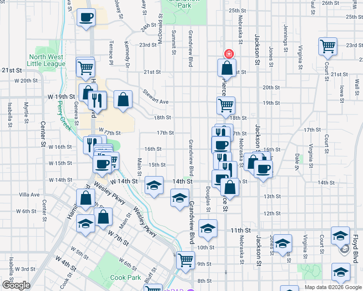 map of restaurants, bars, coffee shops, grocery stores, and more near 1527 Summit Street in Sioux City