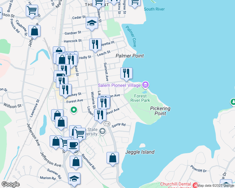 map of restaurants, bars, coffee shops, grocery stores, and more near 13 Clifton Avenue in Salem