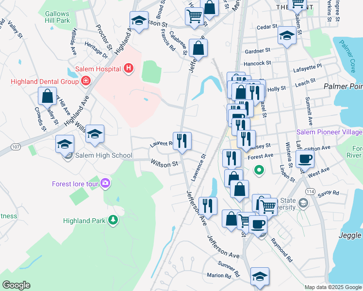 map of restaurants, bars, coffee shops, grocery stores, and more near 236 Jefferson Avenue in Salem
