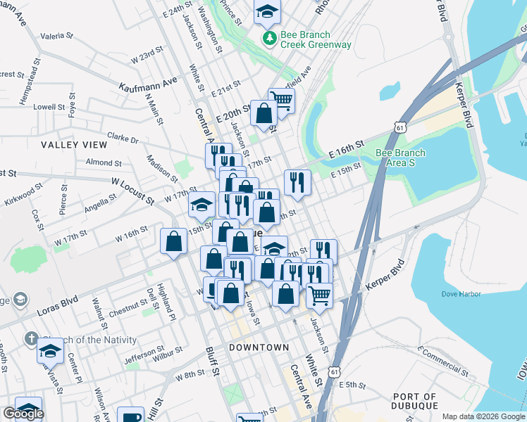 map of restaurants, bars, coffee shops, grocery stores, and more near 195 East 14th Street in Dubuque