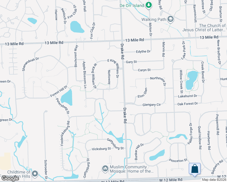 map of restaurants, bars, coffee shops, grocery stores, and more near 28840 East King William Drive in Farmington Hills