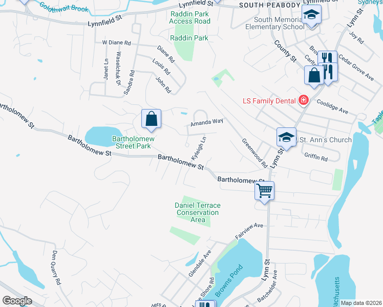 map of restaurants, bars, coffee shops, grocery stores, and more near 69 Bartholomew Street in Peabody