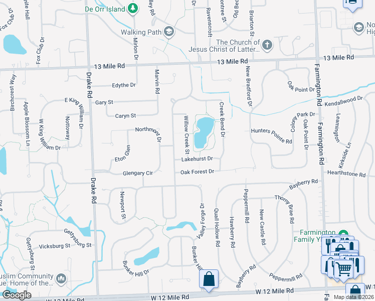 map of restaurants, bars, coffee shops, grocery stores, and more near 34424 Lakehurst Drive in Farmington Hills