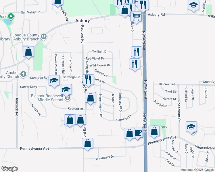map of restaurants, bars, coffee shops, grocery stores, and more near 2179-2199 North Star Drive in Dubuque