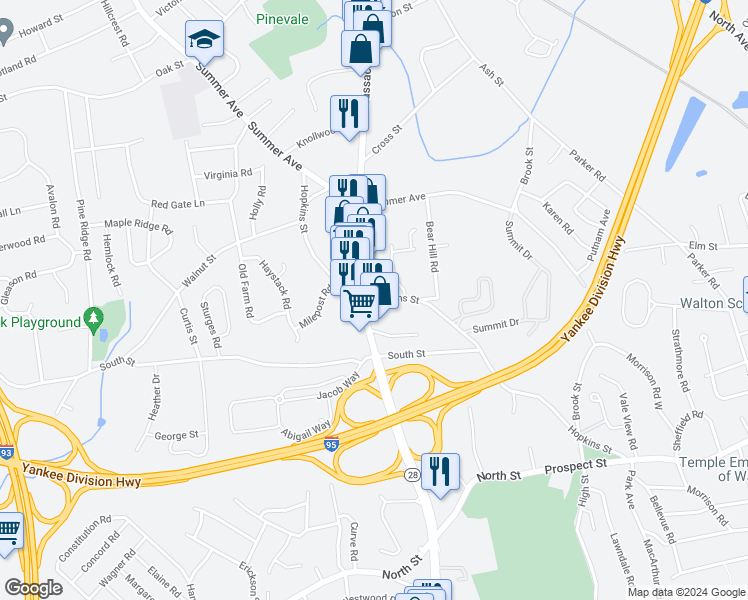 map of restaurants, bars, coffee shops, grocery stores, and more near 104 Hopkins Street in Reading