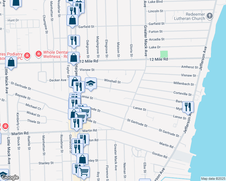 map of restaurants, bars, coffee shops, grocery stores, and more near 22024 Barton Street in St. Clair Shores
