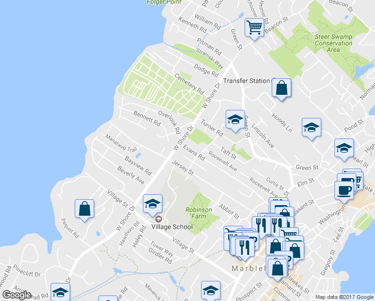map of restaurants, bars, coffee shops, grocery stores, and more near 98 Evans Road in Marblehead