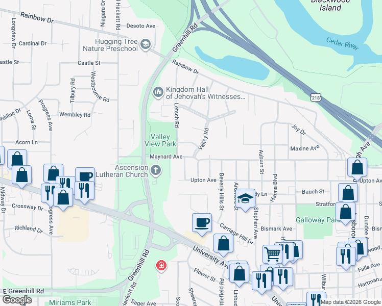 map of restaurants, bars, coffee shops, grocery stores, and more near 411 Hughes Drive in Waterloo