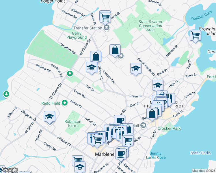 map of restaurants, bars, coffee shops, grocery stores, and more near 51 Green Street in Marblehead