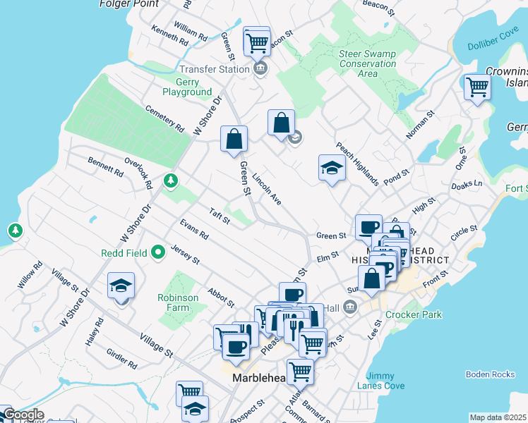 map of restaurants, bars, coffee shops, grocery stores, and more near 51 Green Street in Marblehead