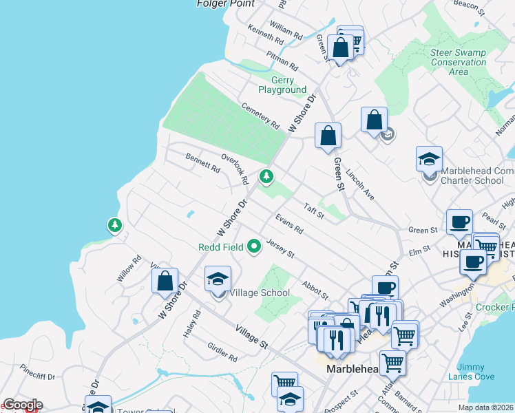 map of restaurants, bars, coffee shops, grocery stores, and more near 80 Garfield Street in Marblehead