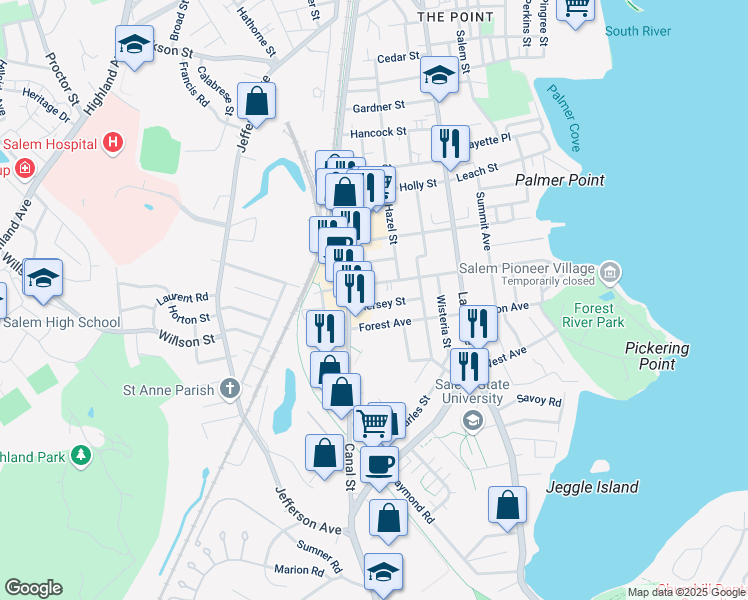 map of restaurants, bars, coffee shops, grocery stores, and more near 13 1/2 Hersey Street in Salem