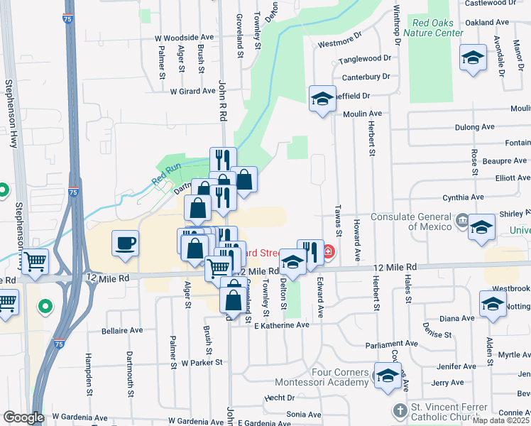 map of restaurants, bars, coffee shops, grocery stores, and more near 29250 John R Road in Madison Heights